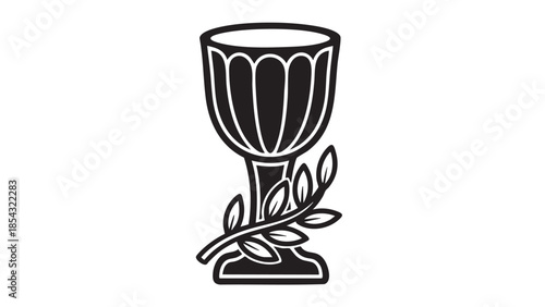 An ornate chalice adorned with leaves on a simple white background