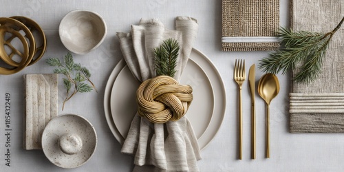 Festive table setting flat lay with plate linen knot and gold cutlery
