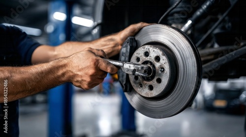 Mechanic performing car brake disc replacement and repair in automotive workshop, providing vehicle maintenance service