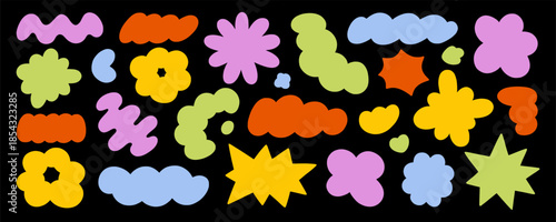 Abstract blob shapes doodle set. Comic cloud forms and organic groovy figures in sketch style. Hand drawn vector illustration isolated on black background