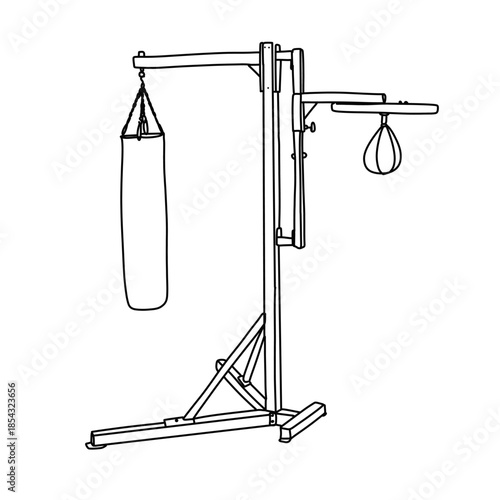 Boxing Training Equipment - Heavy Bag and Speed Bag Stand Line art vector Illustration.