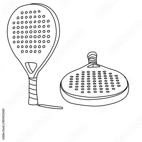 Two padel rackets line art vector illustration, one upright and one lying down, with perforated surfaces.