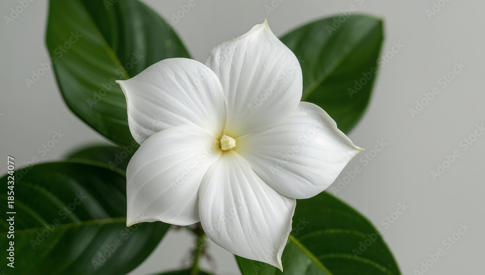 Fototapeta premium White Petals, Green Leaves. A Botanical Study of Texture and Form in Soft Lighting.