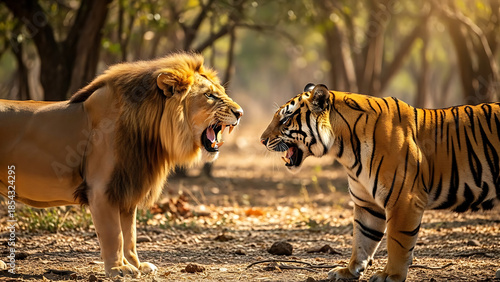 Lion and Tiger Face Off in Sunny Forest