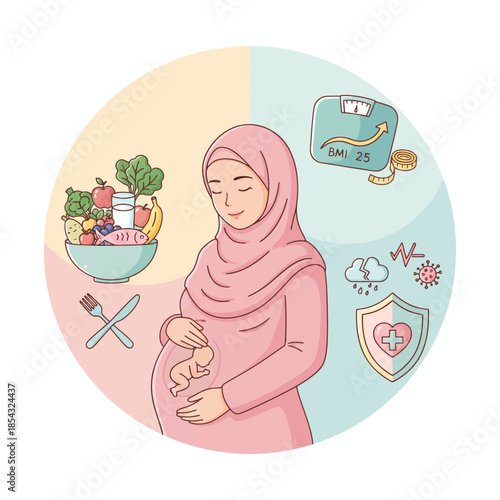 Pregnant Woman with Healthy Food, Health Icons, and Wellness Theme