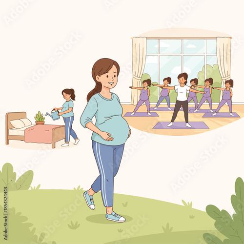 Pregnant Mother Walking Outdoors While Friends Lead Yoga Class Inside Home Fitness Scene