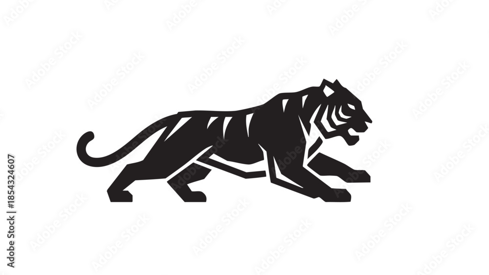 Fototapeta premium A majestic tiger crouches in a hunting stance, ready to pounce in a serene forest landscape.