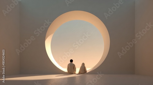 Couple sit before giant glowing circle in minimal room at sunset