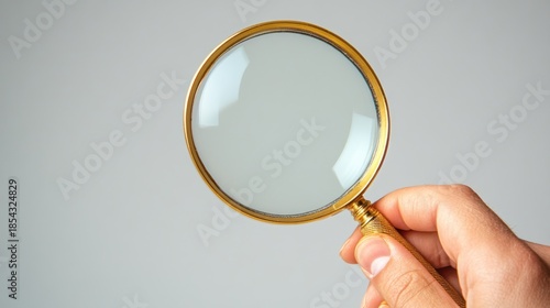 Hand holding a magnifying glass against a plain background