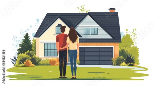 Couple Standing in Front of a Modern House with Garage and Garden