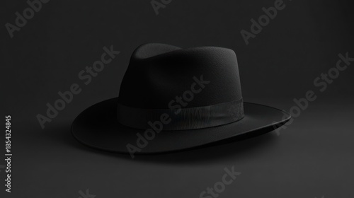 A black hat is placed on a dark surface, viewed from a slightly elevated angle, with a subtle shadow cast to the side.