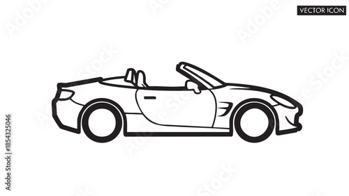 A sleek convertible sports car is illustrated in a simple black and white graphic style.
