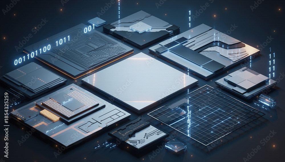 Fototapeta premium Glowing microchip components with binary code in dark background