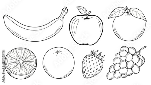 Outline drawings of various fruits like banana, apple, grapes, and orange