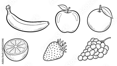 Outline drawings of various fresh fruits for coloring book