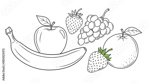 Outline drawing of various fresh fruits for healthy eating