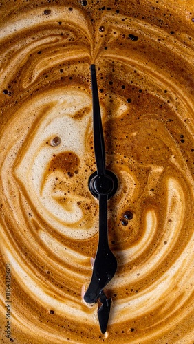 Wallpaper Mural Close-up of a creamy coffee swirl with intricate latte art patterns and a single clock hand in the center. Torontodigital.ca