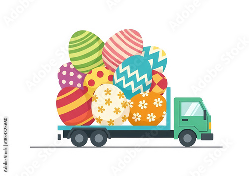 Modern green semi-truck transporting a massive load of oversized patterned Easter eggs. Minimalist vector style on white background.