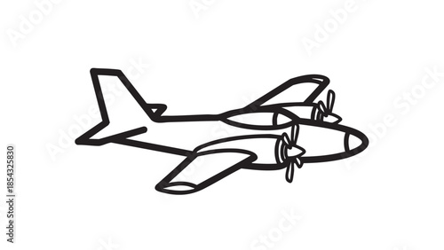 A vintage airplane is flying through the sky with propellers rotating