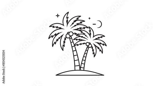A serene nighttime illustration of palm trees on a small island under a crescent moon and stars