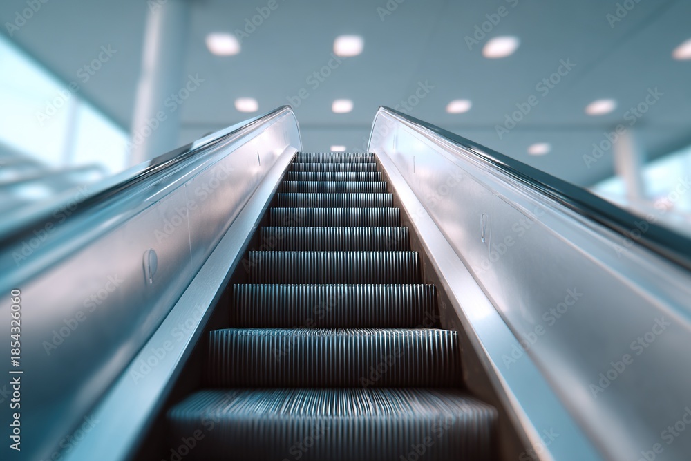 Fototapeta premium Modern escalator ascending upwards in a clean, bright interior space
