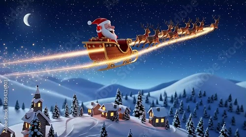 Santa Claus flying through night sky with reindeer on sleigh