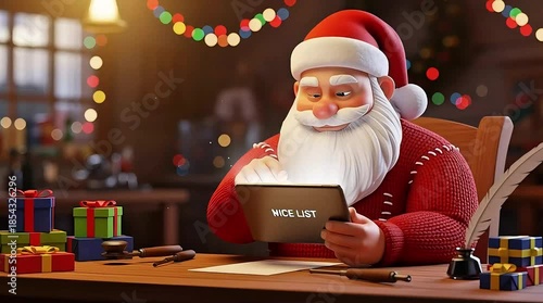 Santa Claus checking his nice list on a tablet in a cozy room