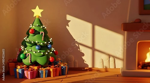 Cozy Christmas scene with decorated tree and gifts by fireplace