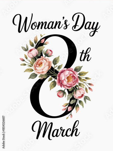 Elegant typography featuring the date '8th March' adorned with pink roses.