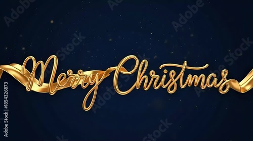 Golden Merry Christmas text with elegant ribbon on dark blue background