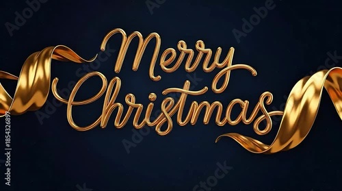 Golden Merry Christmas greeting with elegant ribbon on dark background