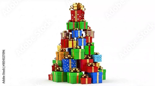 Vibrant colorful presents stacked in creative Christmas tree shape