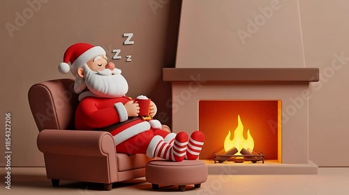 Santa Claus relaxing by warm fireplace with hot cocoa