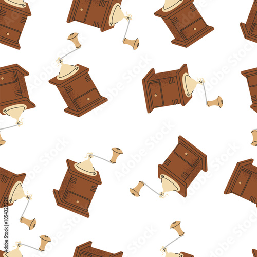 Hand coffee grinderpattern. Breakfast symbol. Coffee beans, kitchen, coffee shop, cafe. Flat and colored style. Flat design. Vector illustration.