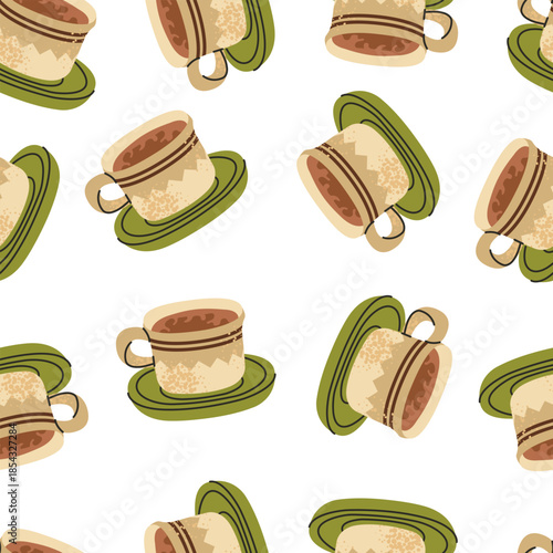 Pattern with delicious coffee drinks in a cute cup. Hand drawn illustration isolated on white background