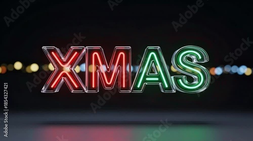 Vibrant neon XMAS sign glowing brightly in dark night