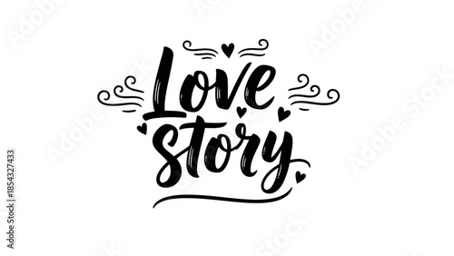 Elegant script lettering spelling out Love Story with charming heart embellishments