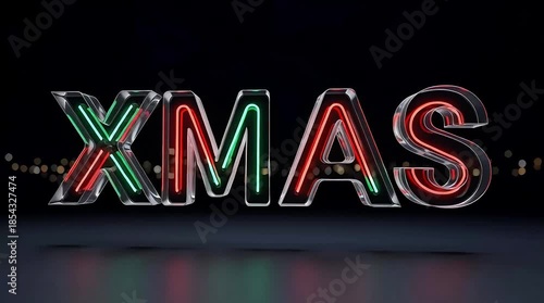 Shining XMAS neon sign in red and green on dark background