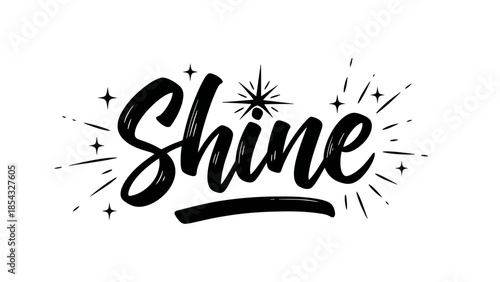 Bold black handwritten 'Shine' lettering with sparkling star elements on a clean white background,