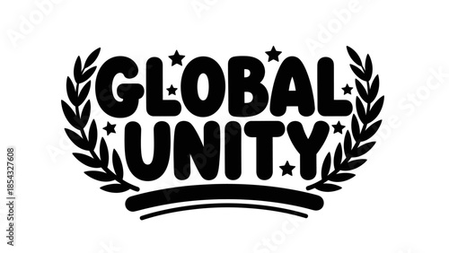 Bold black text Global Unity surrounded by laurel branches and stars on a white background