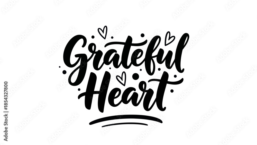 Fototapeta premium Chic black handwritten inscription 'Grateful Heart' adorned with tiny hearts and dots