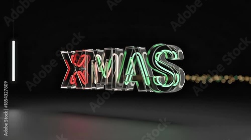 Shining XMAS neon sign in dark background with bokeh lights