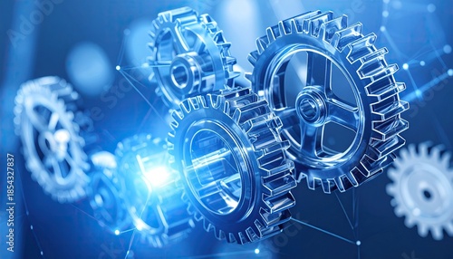 Blue digital gears interconnected with glowing network lines, symbolizing technology, engineering, and innovation.
