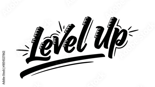 Dynamic black and white text art expressing progress and achievement for gaming culture and