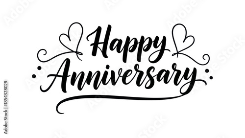 Elegant Calligraphic 'Happy Anniversary' Message with Decorative Hearts and Swirls on White