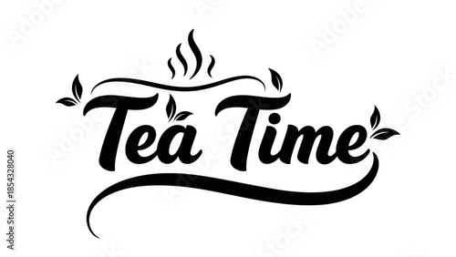 Elegant Calligraphy Art Design for Tea Time With Steaming Wisps and Leaf Accents