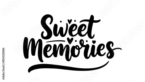 Elegant calligraphy spelling sweet memories with decorative heart accents