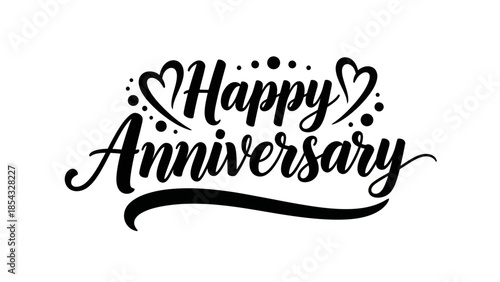Elegant script calligraphy text announcing happy anniversary with decorative hearts and dots