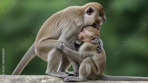 monkeys nurture bond between adult and baby macaque on branch in lush forest