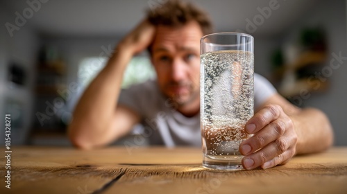 Man suffering from hangover headache, holding a glass of sparkling water, seeking hydration and relief in morning. Hangover